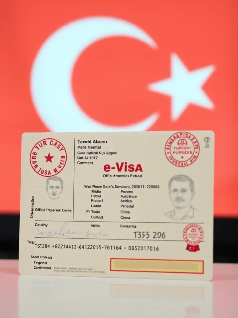 An image of a Turkish e-Visa document with a Turkish flag in the background, symbolizing the final approved visa.